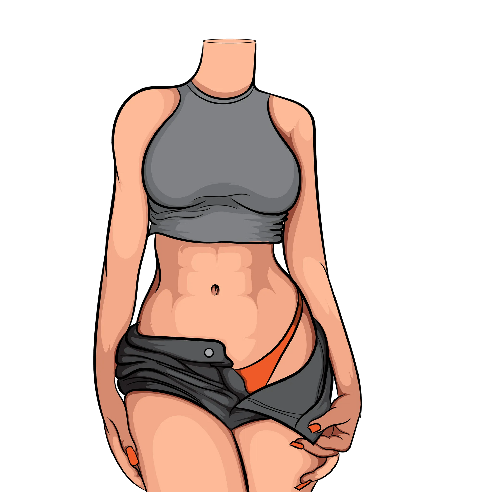 Stylized figure in grey sleeveless crop top with orange bikini detail, Baked Art - Model 93.
