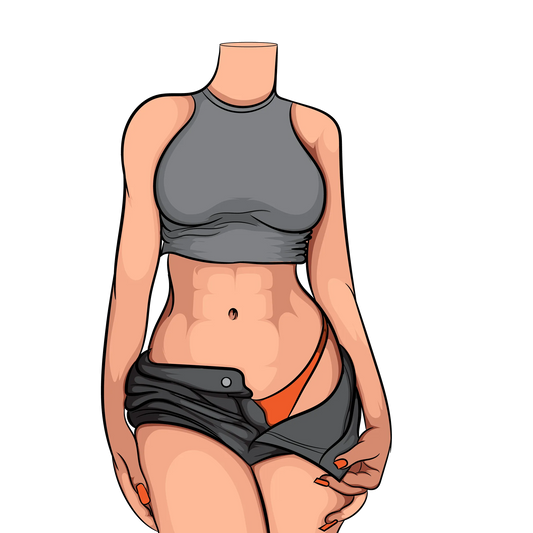 Stylized figure in grey sleeveless crop top with orange bikini detail, Baked Art - Model 93.