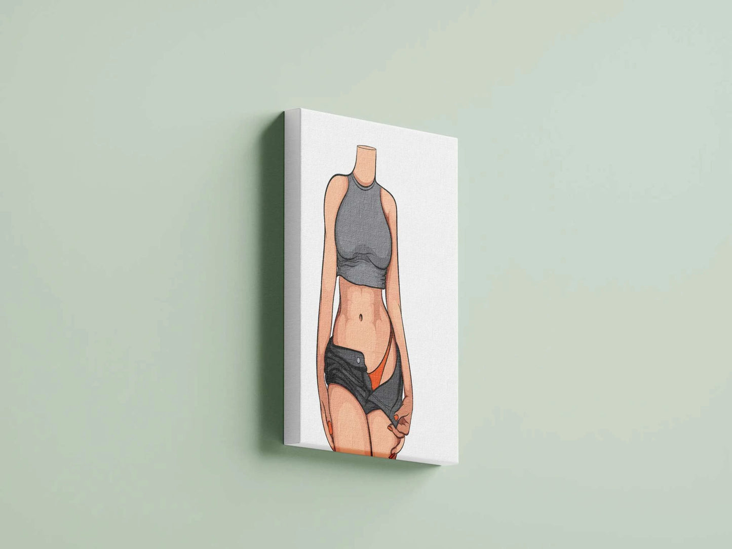 Stylized digital art of a figure in a grey crop top and shorts, revealing an orange bikini bottom, showcasing a minimalistic yet dynamic design.
