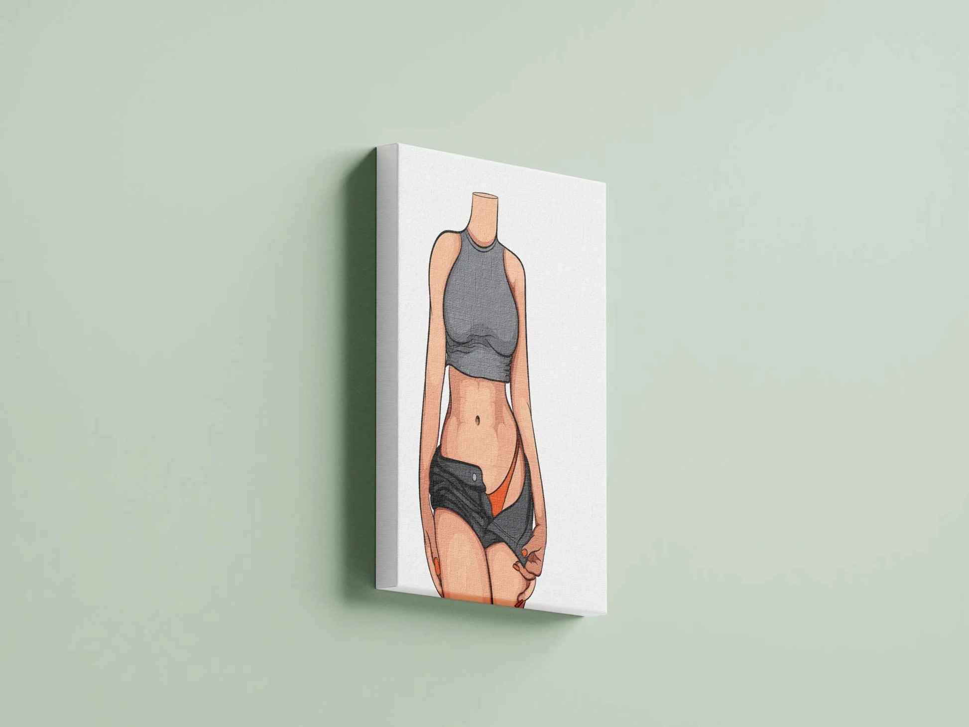 Stylized digital art of a figure in a grey crop top and shorts, revealing an orange bikini bottom, showcasing a minimalistic yet dynamic design.