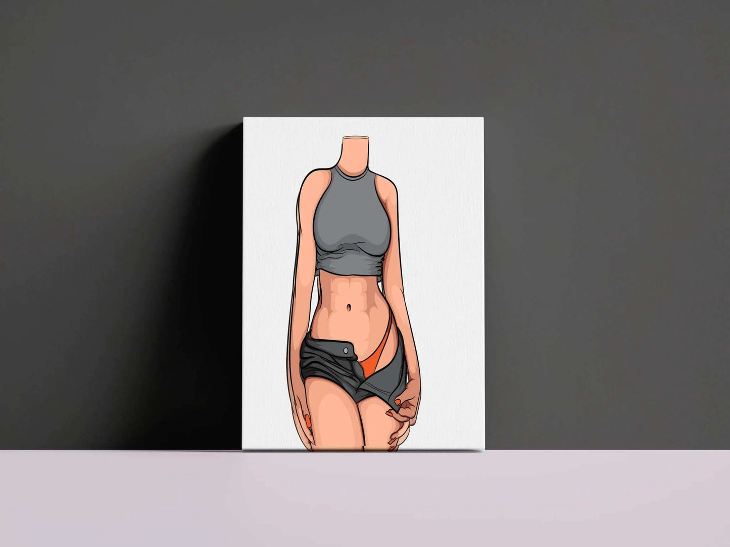 Digital art of a stylized figure in a grey crop top and shorts, orange bikini bottom exposed, highlighting Baked Art - Model 93.