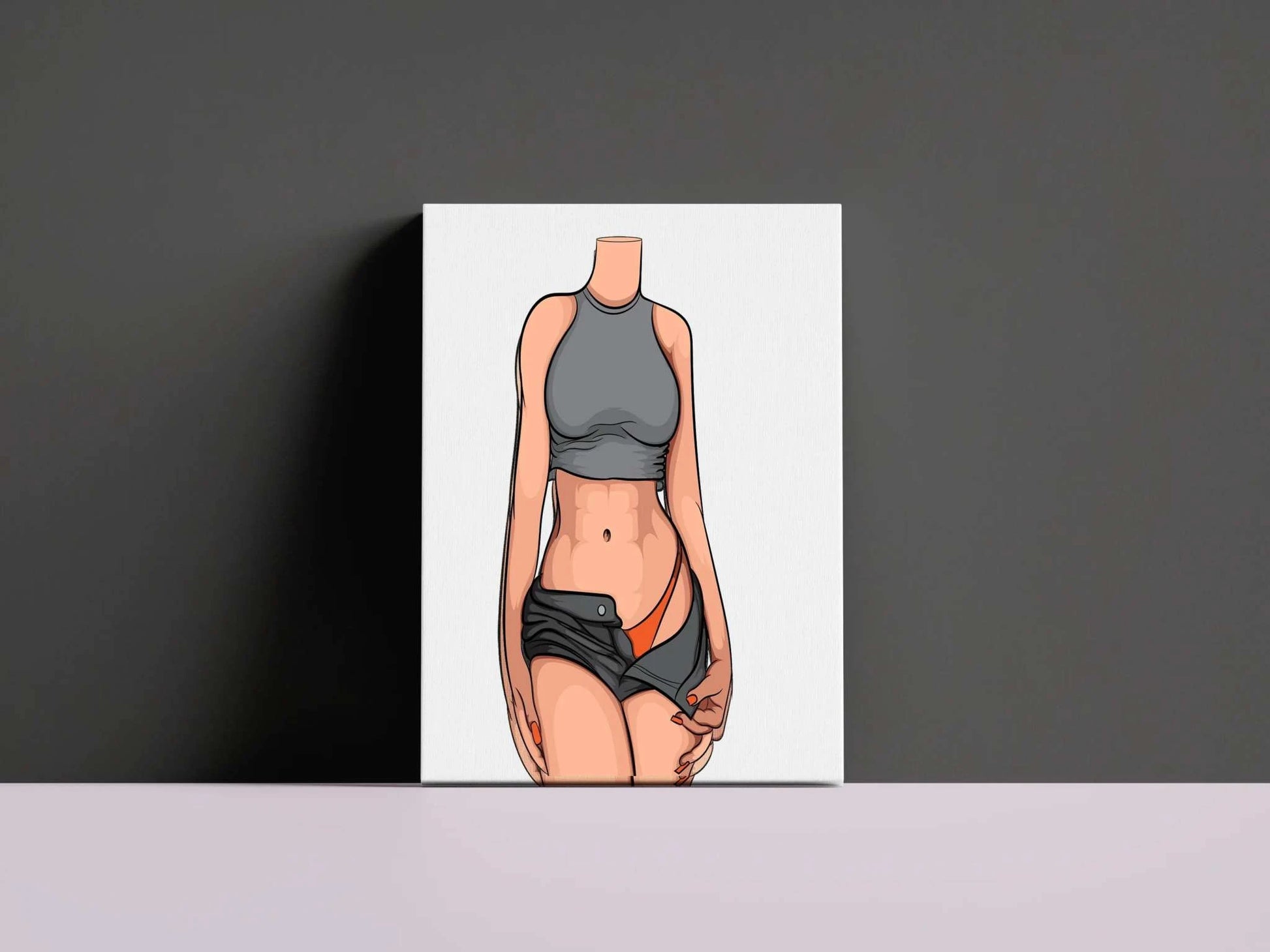 Digital art of a stylized figure in a grey crop top and shorts, orange bikini bottom exposed, highlighting Baked Art - Model 93.