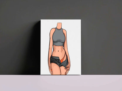 Digital art of a stylized figure in a grey crop top and shorts, orange bikini bottom exposed, highlighting Baked Art - Model 93.