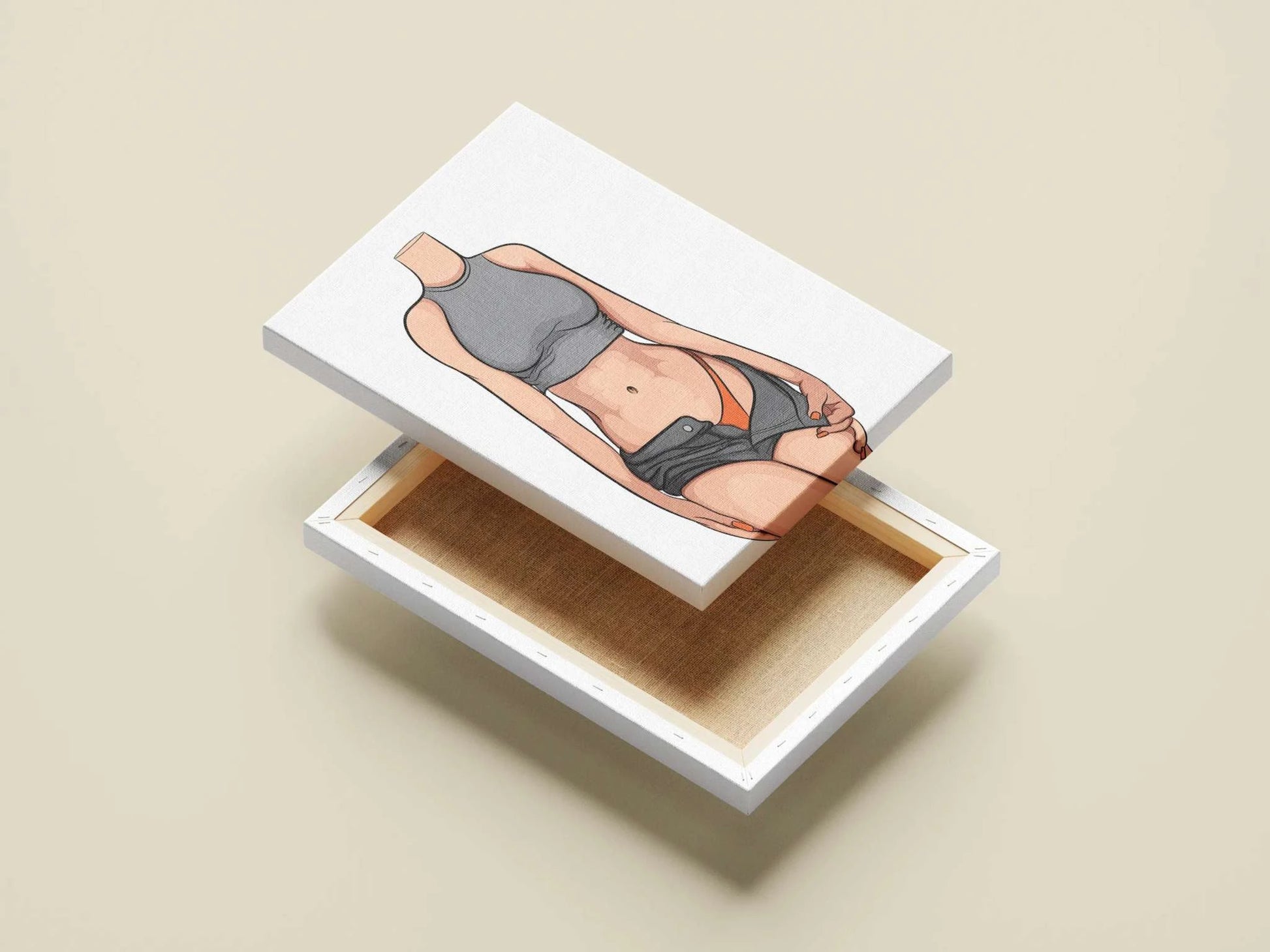 Stylized illustration of a figure in grey crop top and shorts, showcasing orange bikini bottom for Baked Art - Model 93.