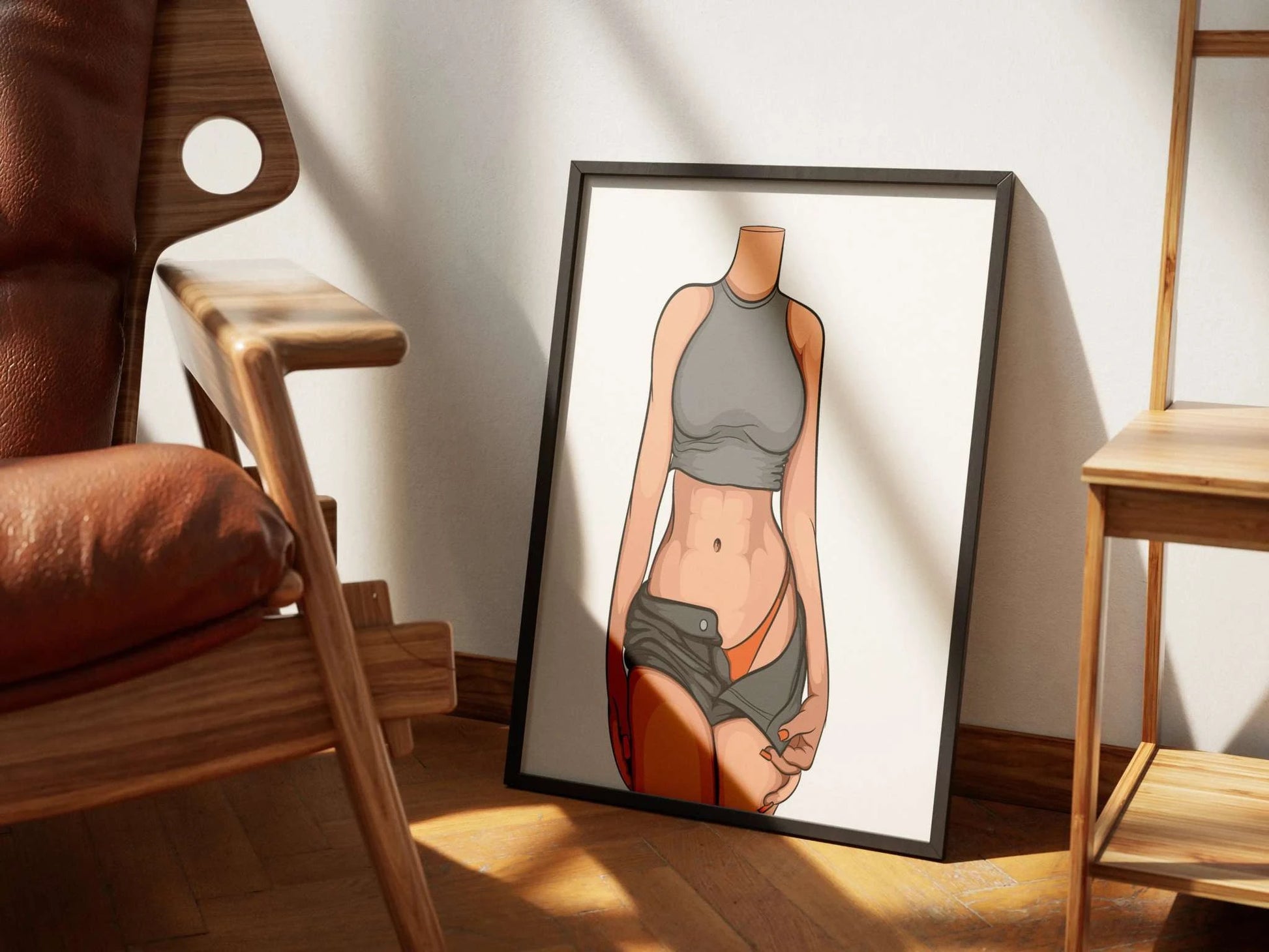 Digital illustration of stylized figure in grey crop top and shorts, highlighting orange bikini bottom; Baked Art - Model 93.