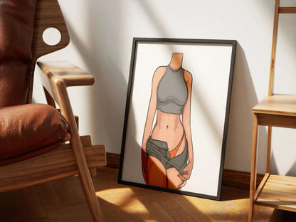 Digital illustration of stylized figure in grey crop top and shorts, highlighting orange bikini bottom; Baked Art - Model 93.