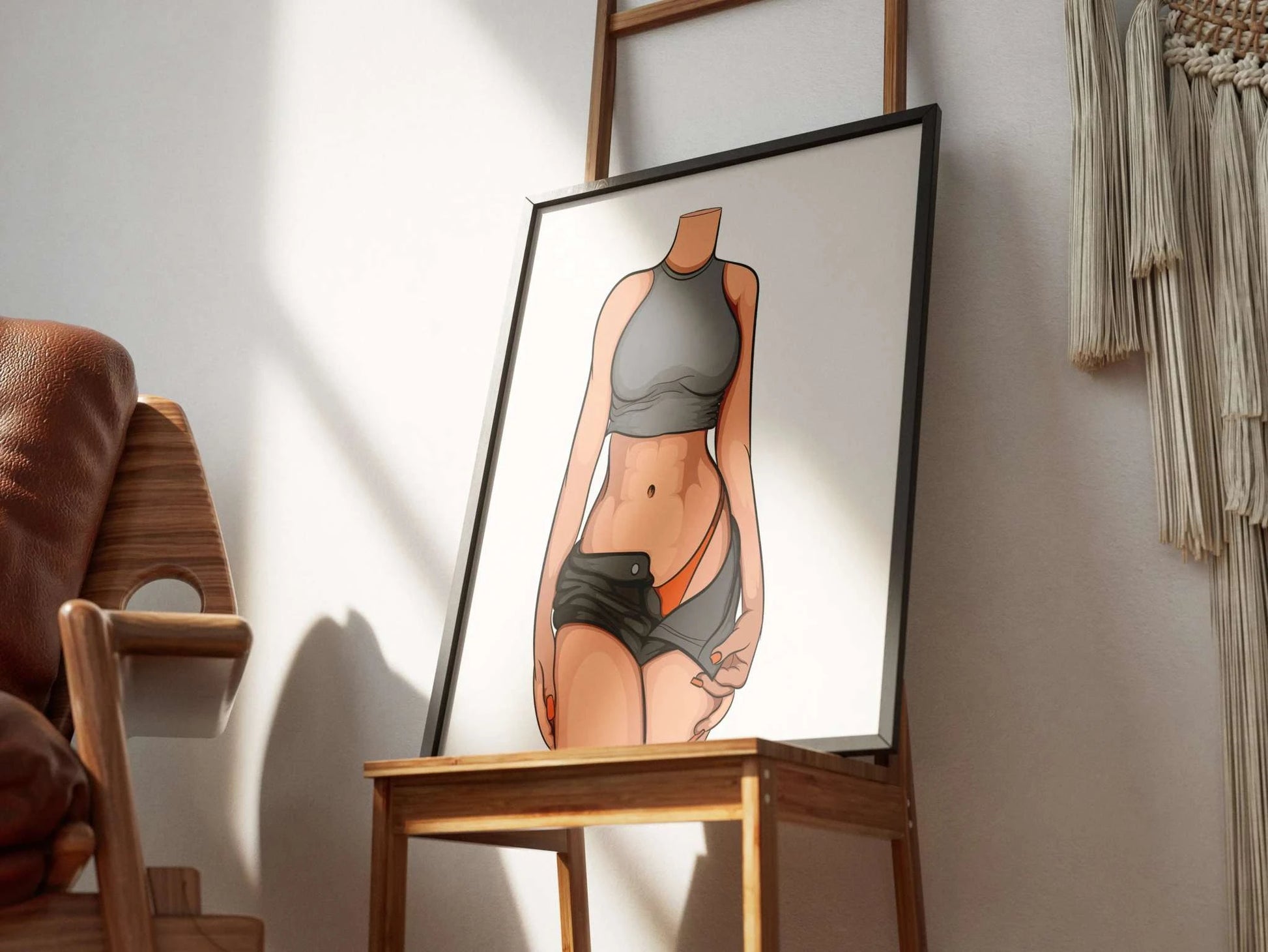 Digital illustration of a stylized figure in grey crop top and shorts, revealing orange bikini bottom; Baked Art - Model 93.