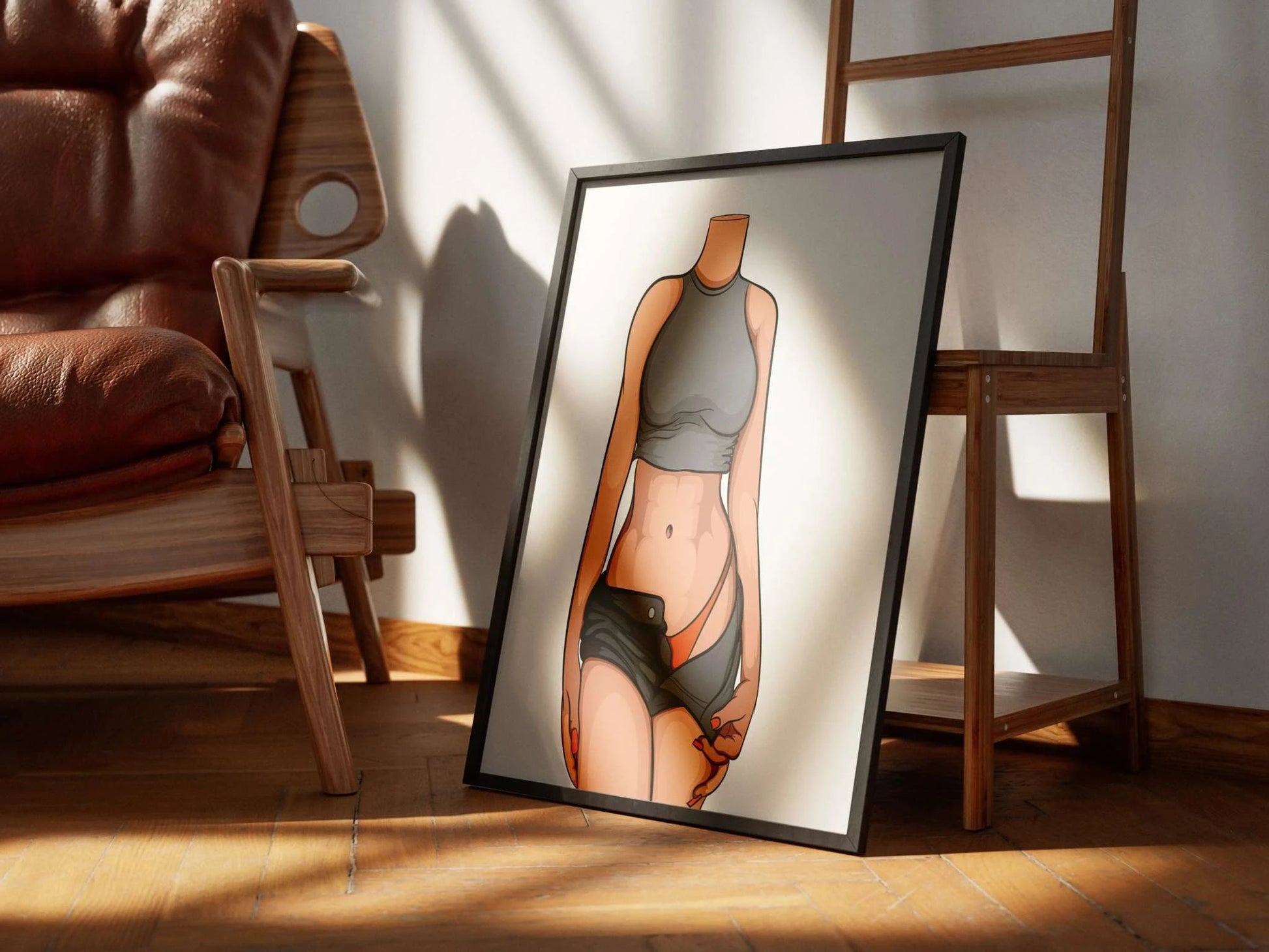 Stylized digital artwork of a figure in sleeveless grey crop top and shorts, revealing orange bikini bottom; framed and leaning against a chair.