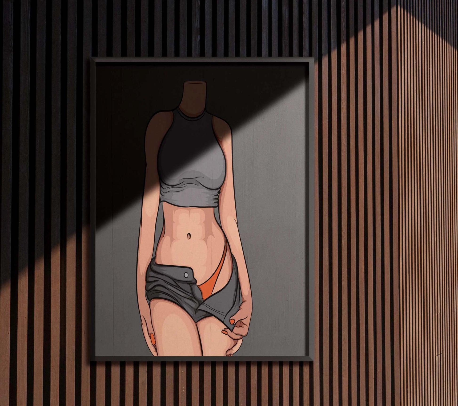 Stylized illustration of a figure in a grey crop top and shorts, revealing orange bikini bottom, capturing minimalism and dynamic form for digital download.