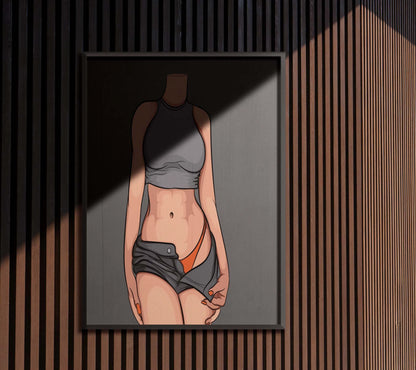 Stylized illustration of a figure in a grey crop top and shorts, revealing orange bikini bottom, capturing minimalism and dynamic form for digital download.