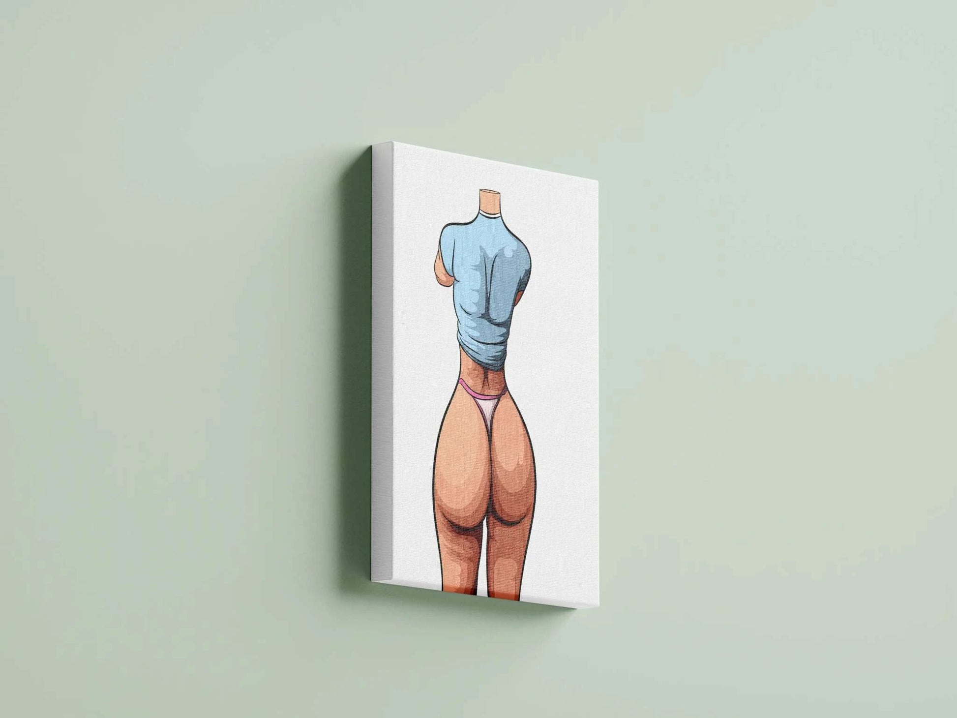 Digital artwork of stylized figure in light blue top and pink underwear, showcasing minimalistic and bold outlines with pastel contrast.