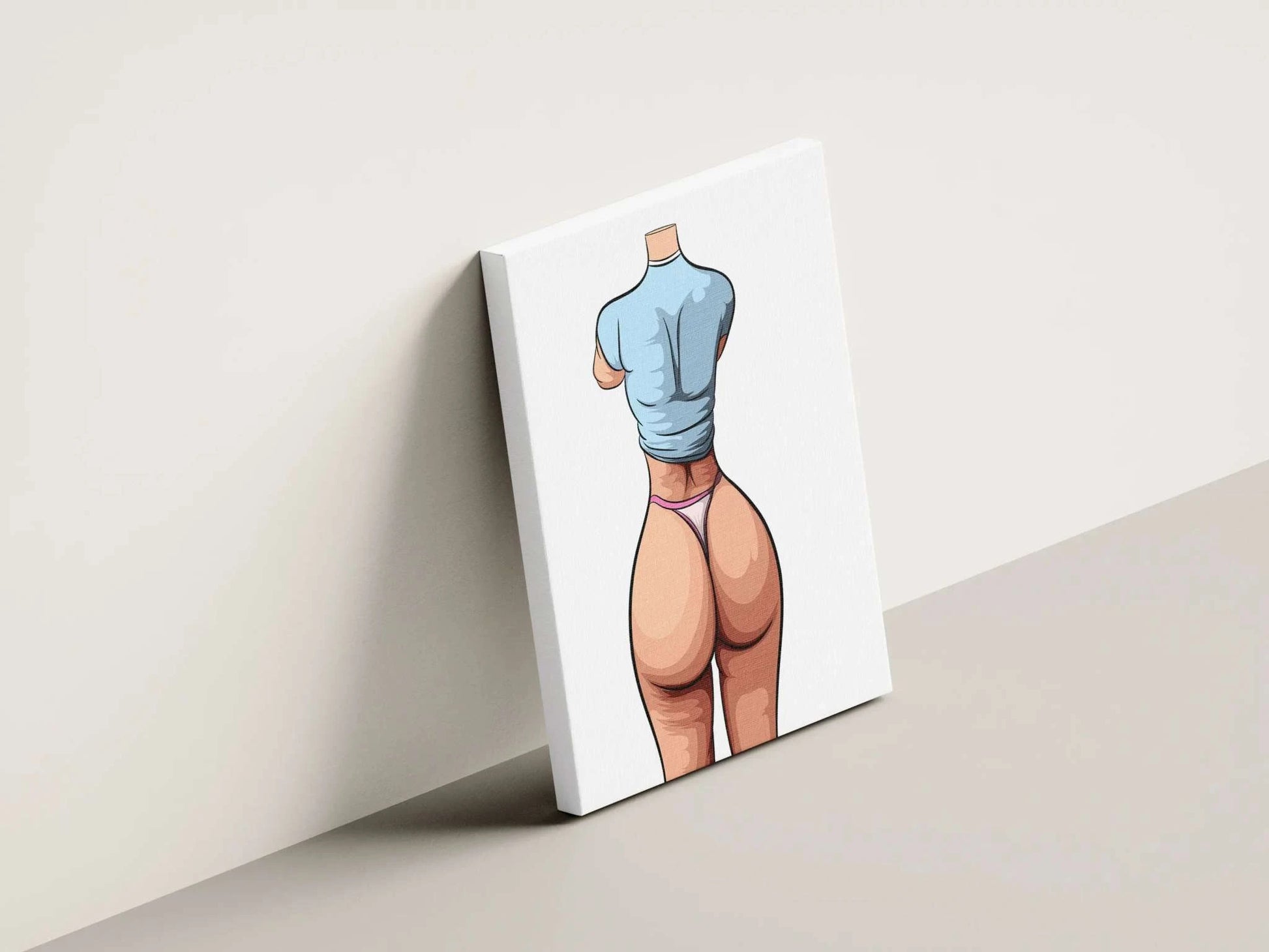 Stylized digital art of a figure in blue top and pink underwear, highlighting contours and muscle definition, titled "Lingerie Model 94 - Baked Art".