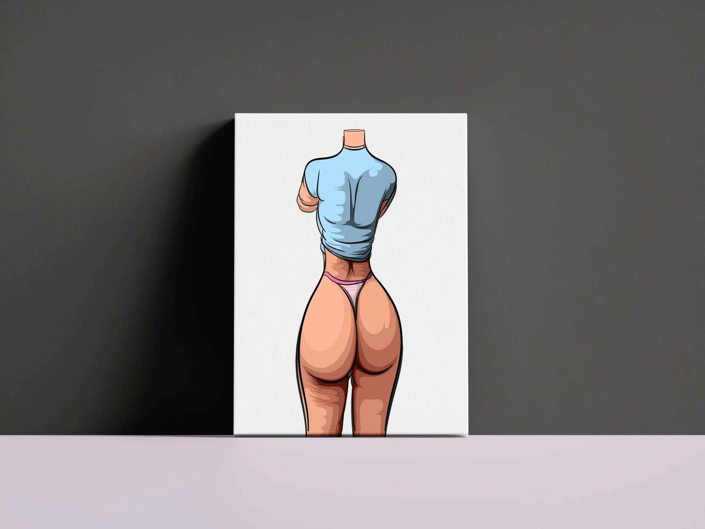 Stylized digital artwork of a figure in blue top and pink underwear, featuring smooth contours and pastel colors, emphasizing form and musculature.