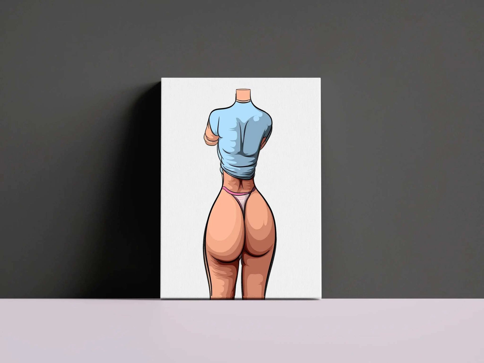 Stylized digital artwork of a figure in blue top and pink underwear, featuring smooth contours and pastel colors, emphasizing form and musculature.