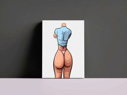 Stylized digital artwork of a figure in blue top and pink underwear, featuring smooth contours and pastel colors, emphasizing form and musculature.