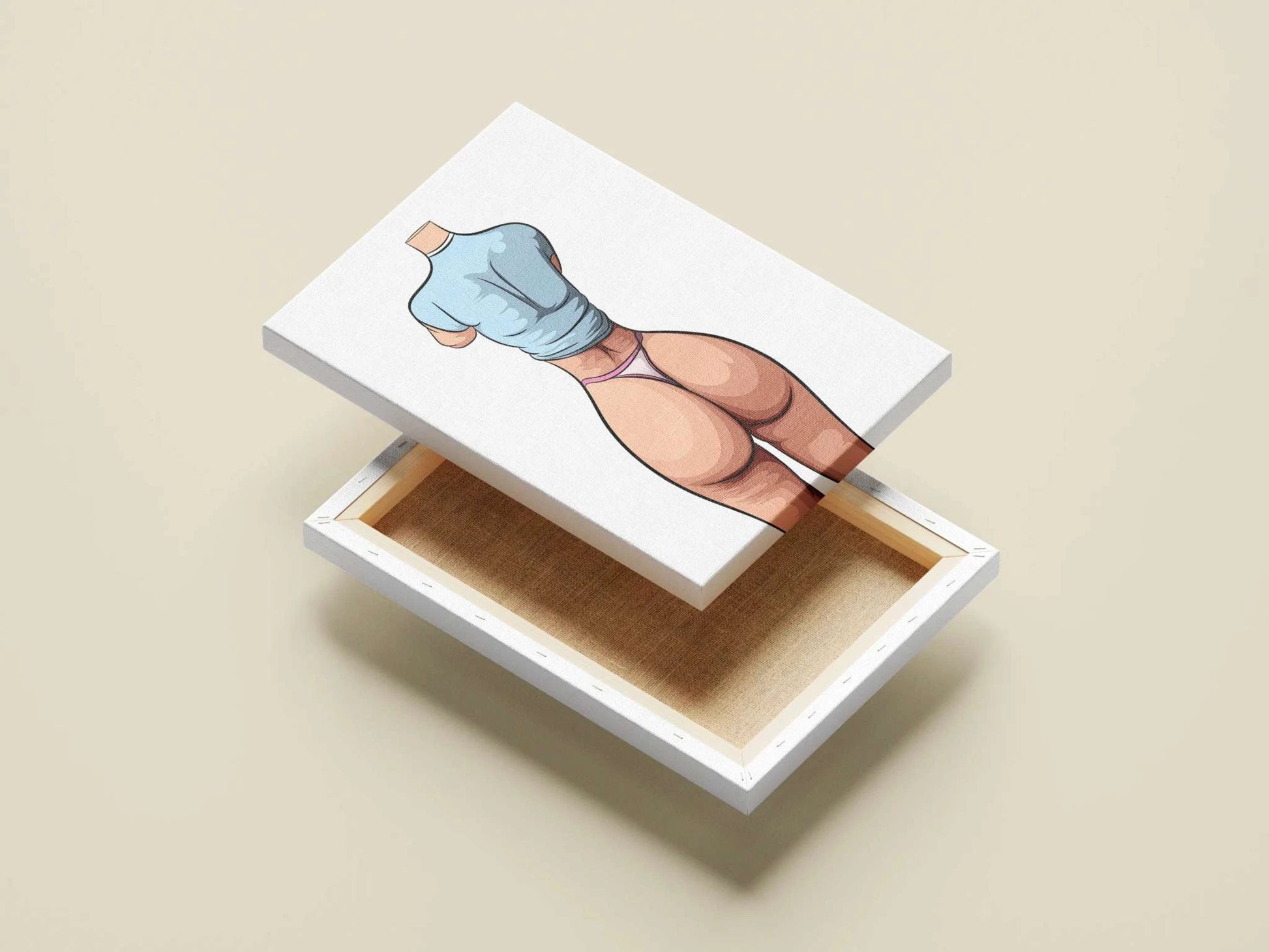 Digital artwork of stylized figure in light blue top and pink underwear, showcasing smooth contours and pastel colors.