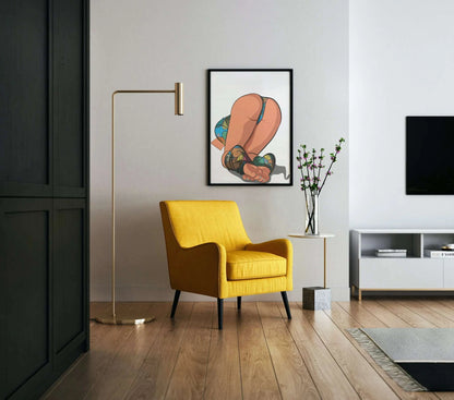 Digital artwork of Lingerie Model 9 displayed in a modern living space, featuring bold colors and intricate design, ideal for art collections.