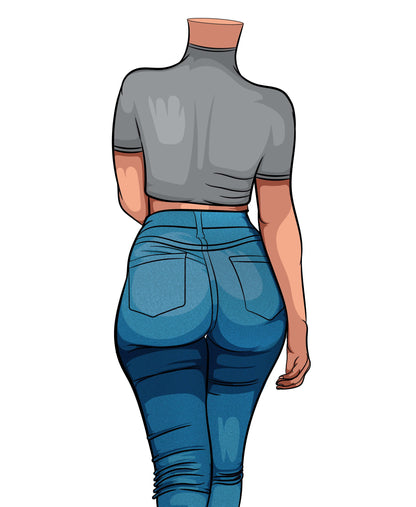 Stylish pop art digital print of a figure in classic denim jeans, Jeans Denim - Baked Model Art 1.