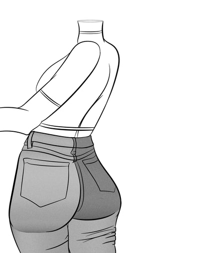 Line art of high-waisted denim jeans and cropped top, sleek and modern design.