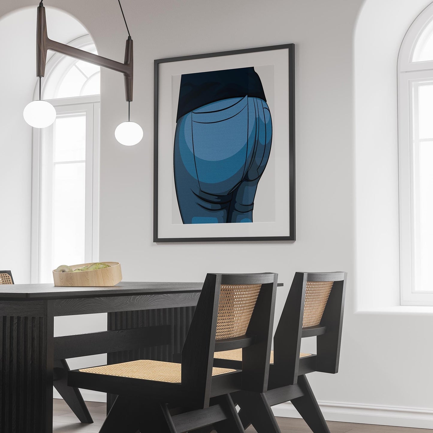 Framed wall art of Jeans Denim - Baked Model Art 10 in modern dining room setting.