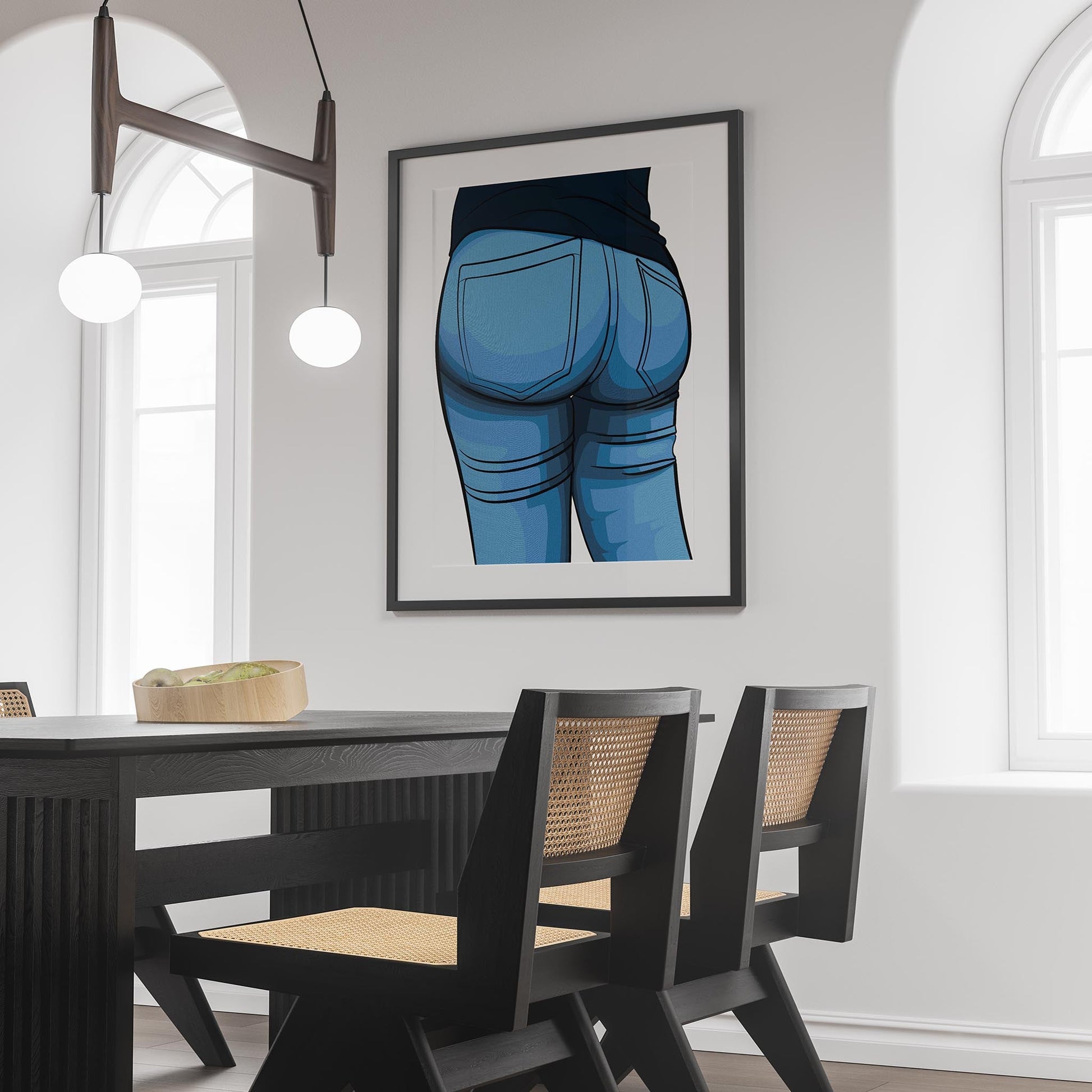 Framed digital art of blue jeans denim model displayed in a modern dining room.