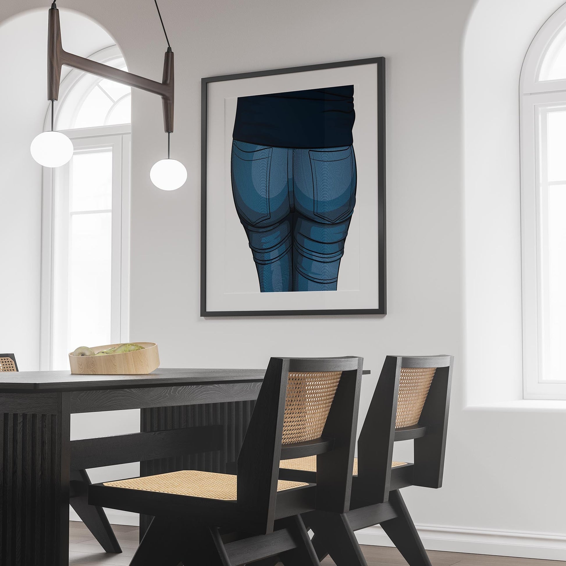 Denim digital art illustration on wall in modern dining room setting.