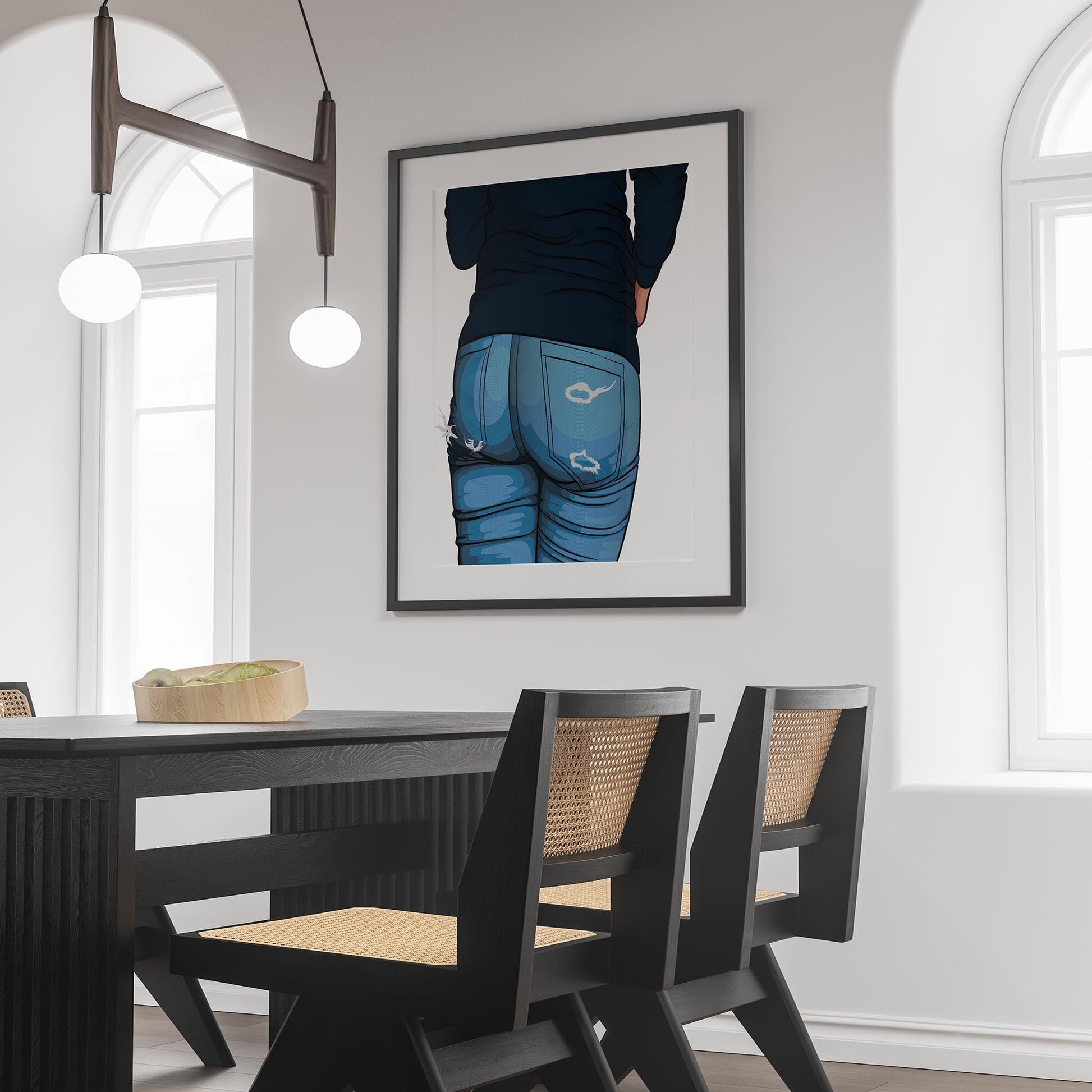 Vibrant digital denim artwork featuring distressed jeans design in a modern interior setting.