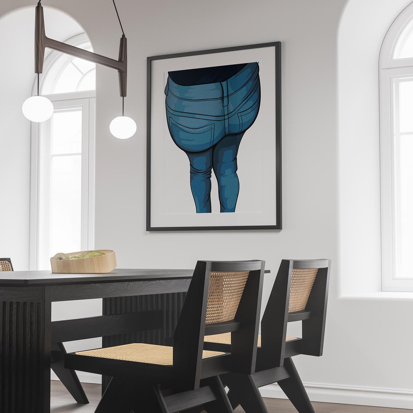 Digital illustration of jeans denim artwork displayed on a wall.