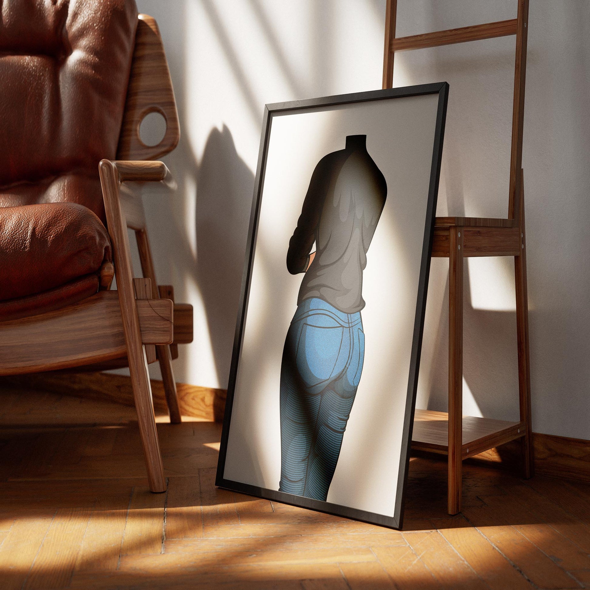 Stylish Jeans Denim Model 19 digital art framed on floor with wooden chair and natural lighting.
