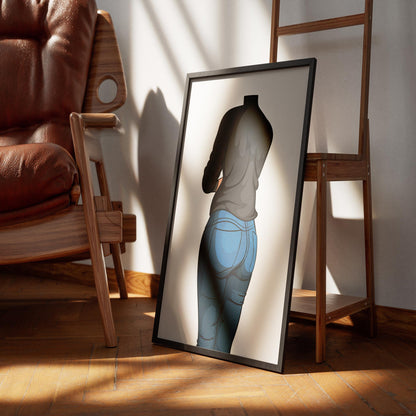 Stylish Jeans Denim Model 19 digital art framed on floor with wooden chair and natural lighting.
