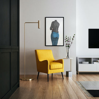 Jeans Denim - Baked Model Art 19 artwork displayed in a modern living room with a yellow chair and minimal decor.