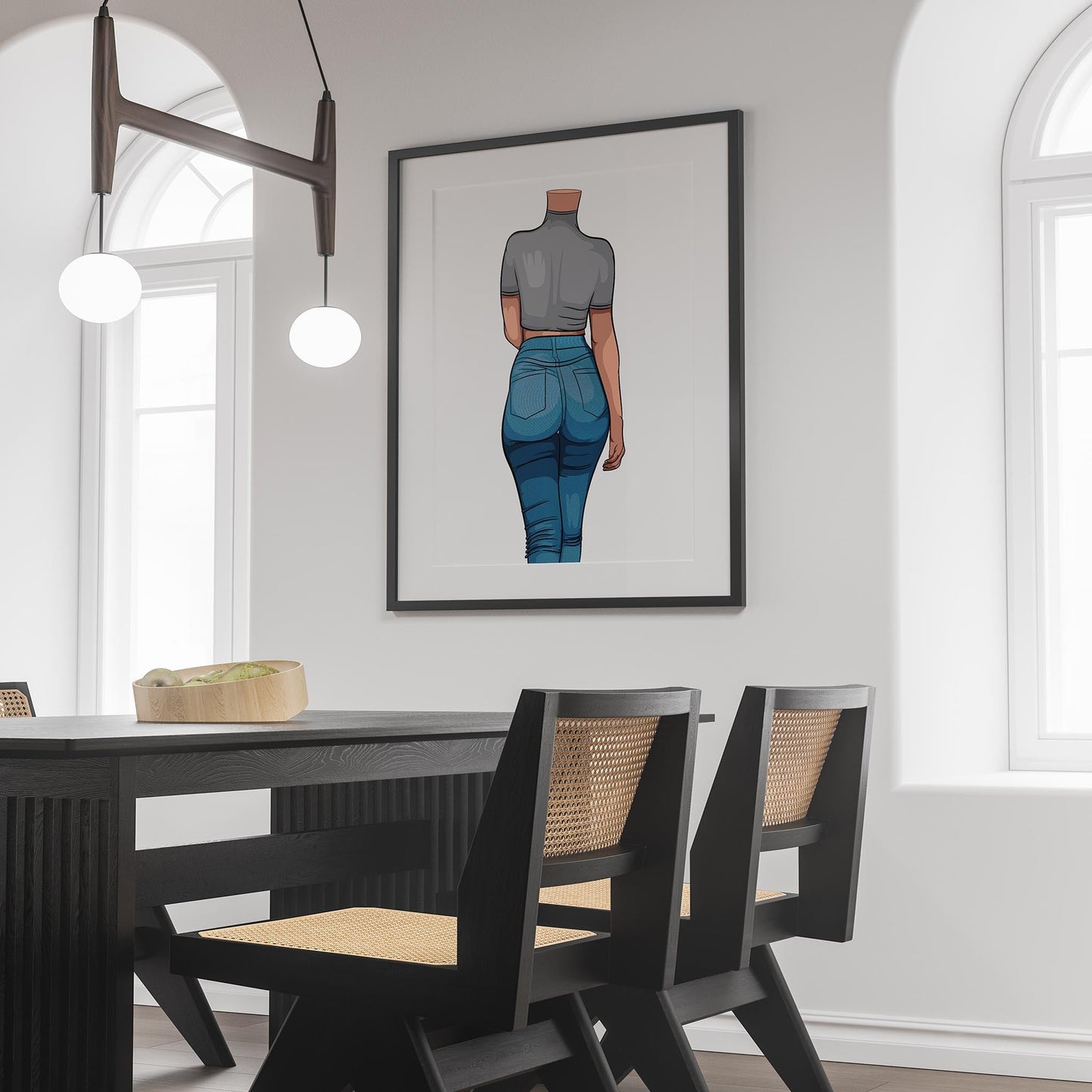 Pop art print featuring a fashionable figure in denim jeans, displayed on a modern interior wall.