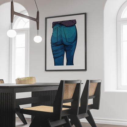 Vibrant digital artwork of jeans denim, showcasing bold textures and playful polka-dot top in a modern setting.