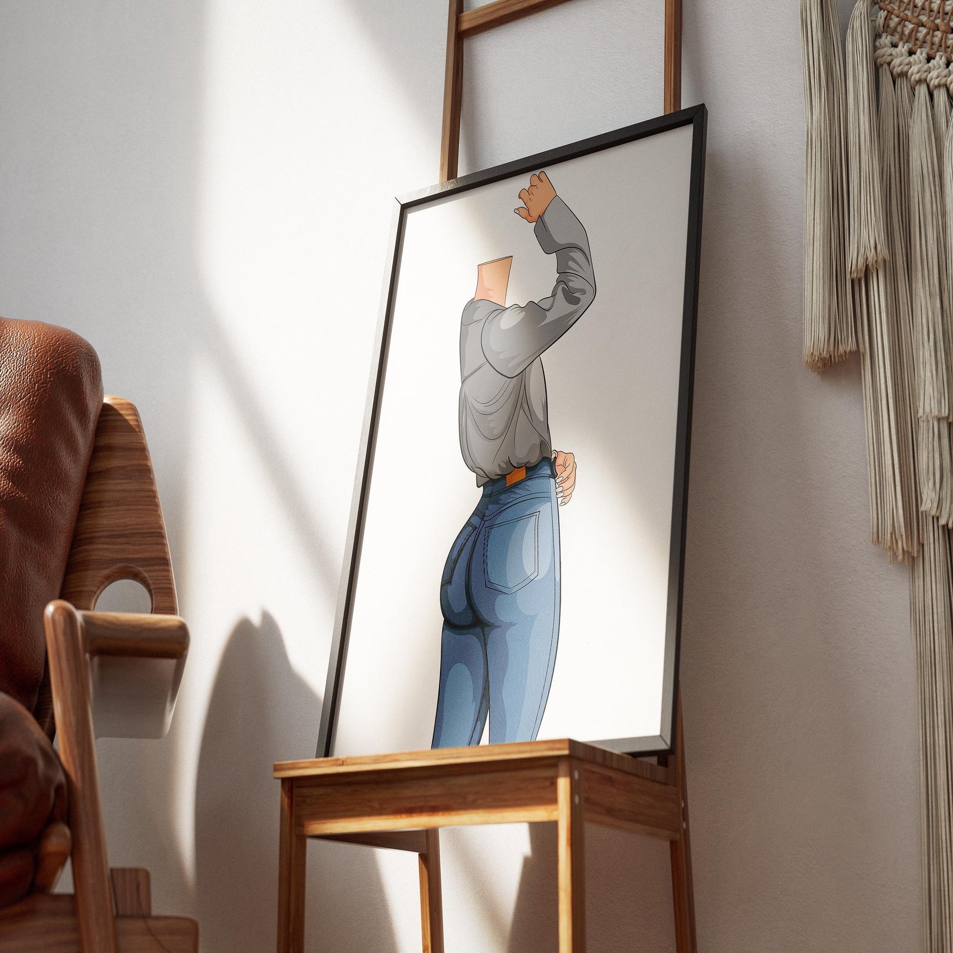 Illustration of character in jeans denim, emphasizing shading and material flexibility; posed casually in modern decor, highlighting fashion art.