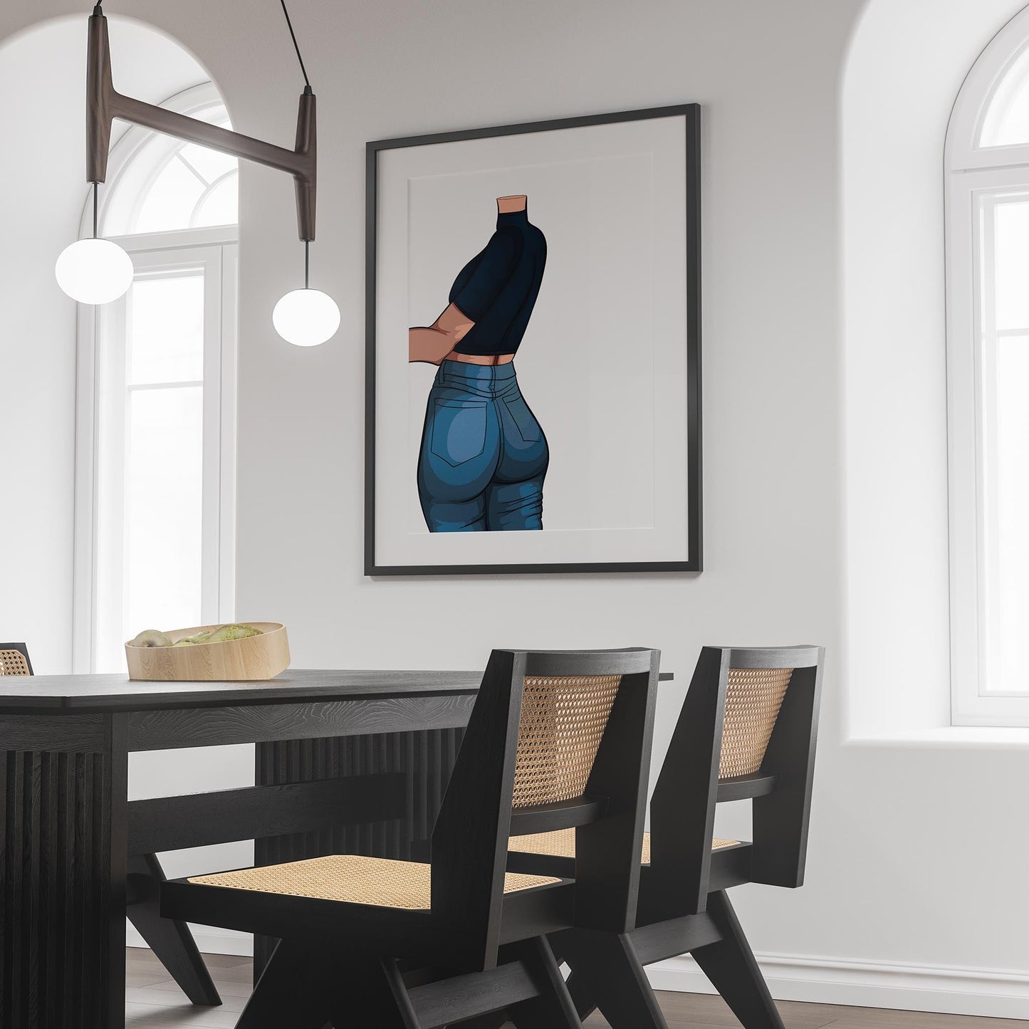 Modern dining room featuring 'Jeans Denim - Baked Model Art 2' artwork; pop art denim design with headless figure.