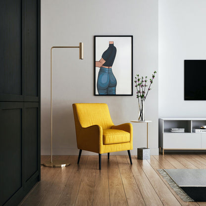 Digital art of high-waisted jeans on a headless figure, framed in a modern living space with a yellow chair.