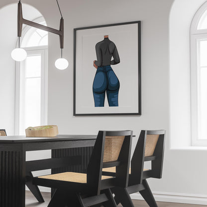 Digital artwork of Jeans Denim Model 32, modern fashion style with bold denim textures, displayed on wall.