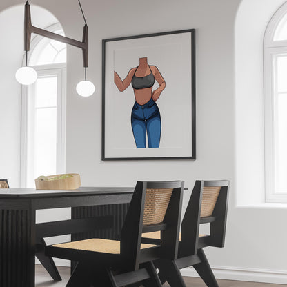 Illustration of Jeans Denim Model 34 by Baked Art in a modern dining room setting.