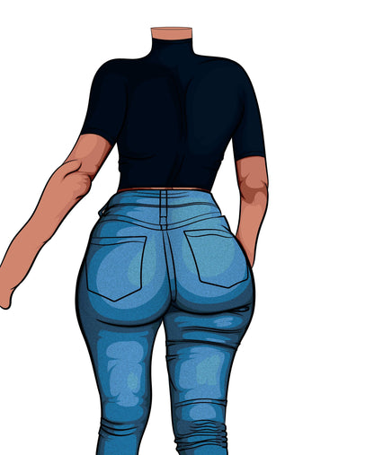 Pop art digital illustration of a figure in high-waisted blue denim jeans, highlighting sleek curves and bold shading.