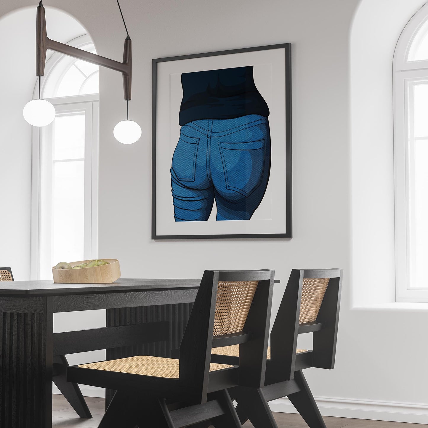 Digital art of Jeans Denim Model 44 by Baked Art, displayed in a modern dining room.