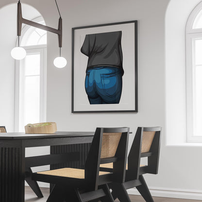 Artwork of Jeans Denim Model 48 by Baked Art displayed in a modern dining room.