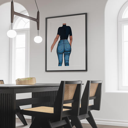 Contemporary pop art wall decor featuring a digital print of a figure in high-waisted jeans, titled "Jeans Denim - Baked Model Art 4".