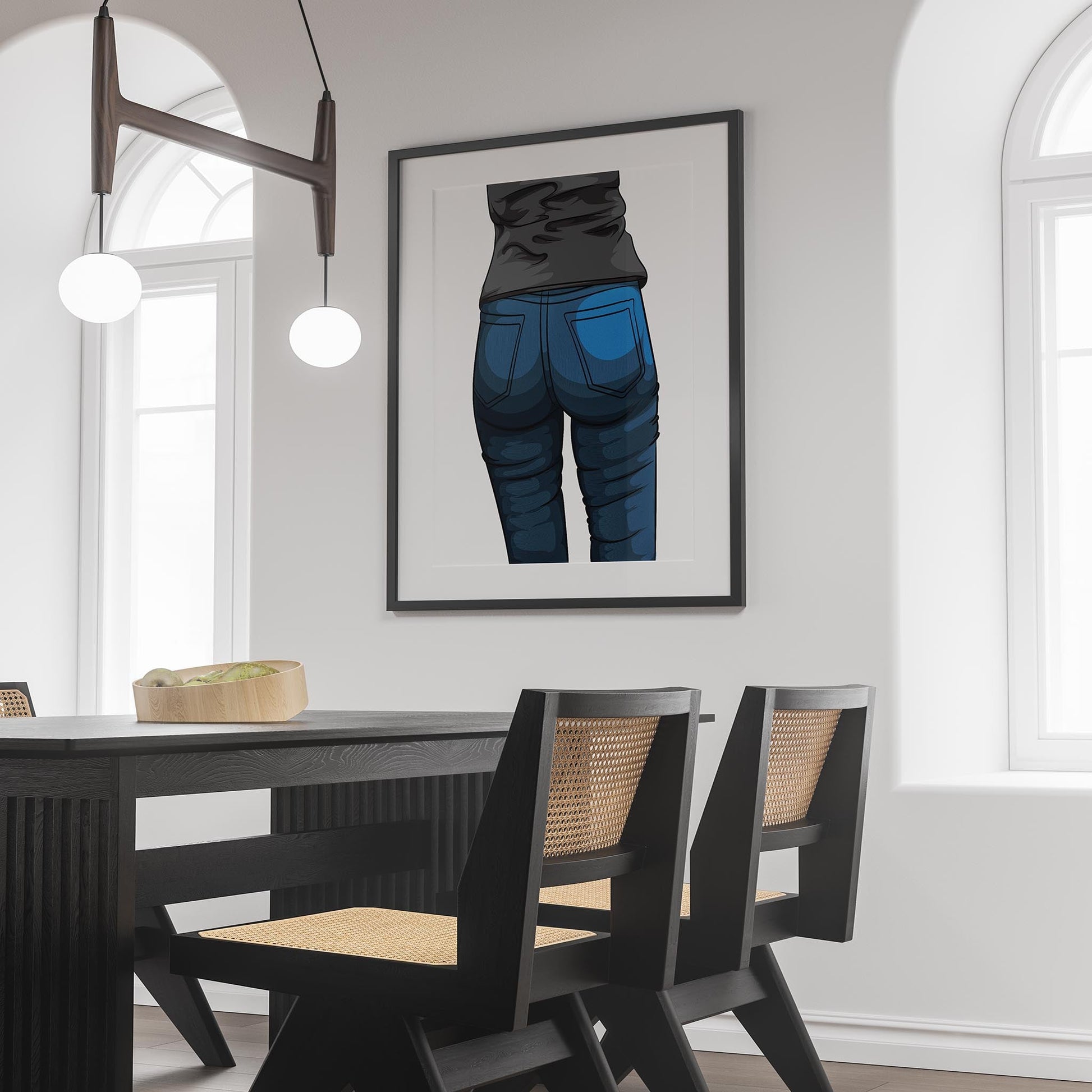 Framed digital artwork of jeans denim model 51 by Baked Art in modern dining room.