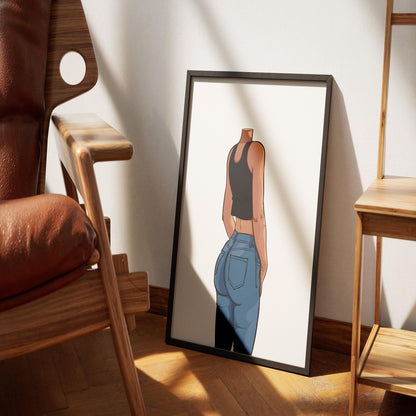 Digital art of a figure in blue jeans and black sleeveless top in a frame.