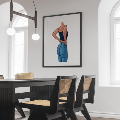 Framed artwork featuring a character in blue denim jeans and dark cropped tank top, showcasing Baked Art - Jeans Denim Model 67.