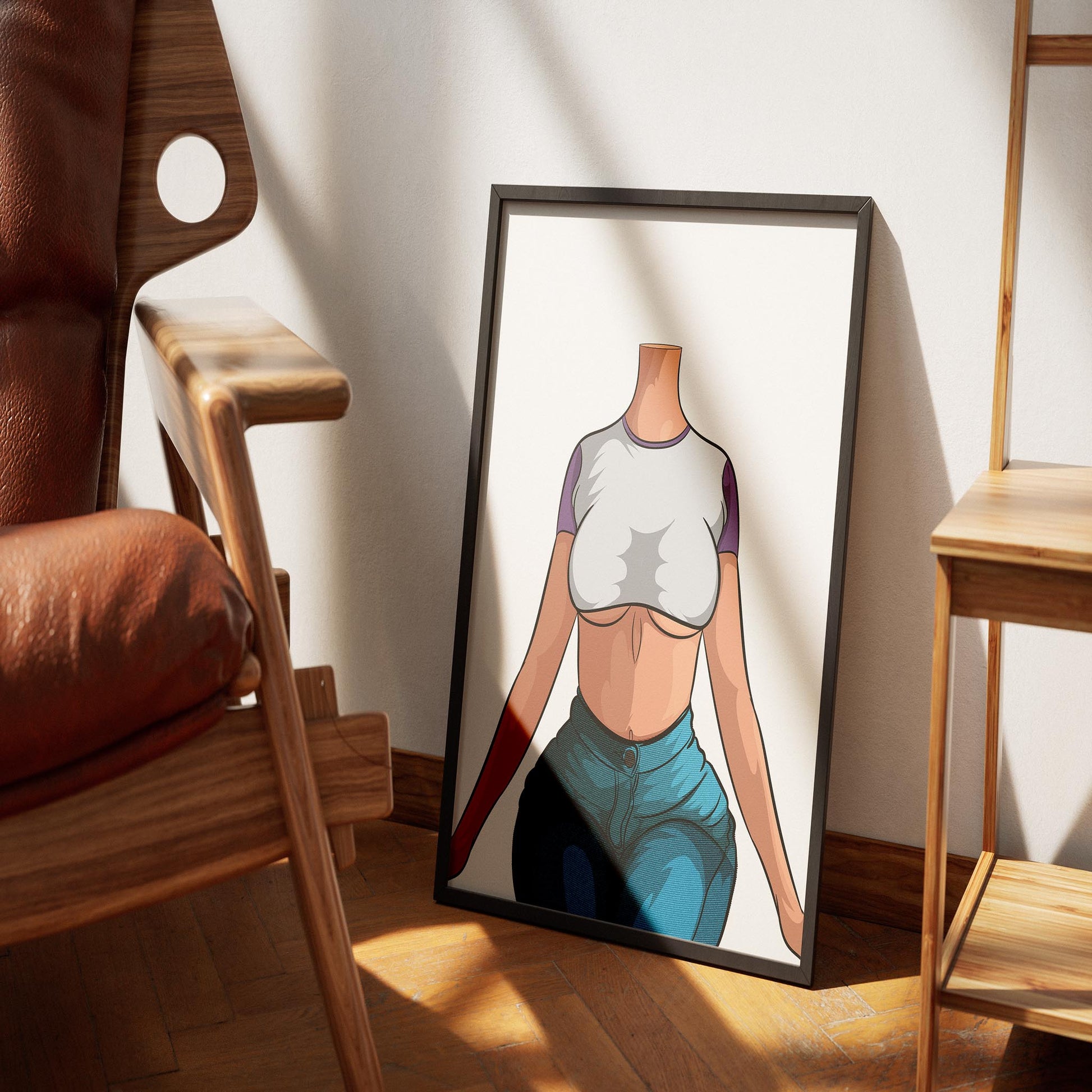 Digital artwork of seated model wearing high-waisted jeans and cropped top, showcasing Baked Art - Jeans Denim Model 68.