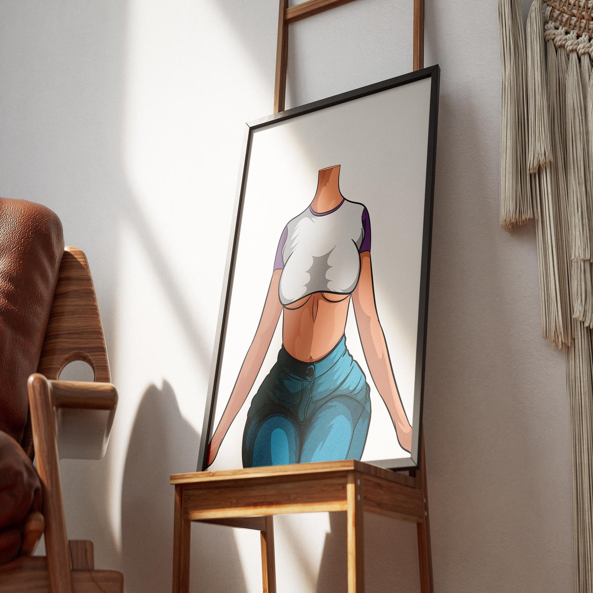 Digital artwork of a seated model in high-waisted denim jeans and crop top, emphasizing curves with light and shadow.
