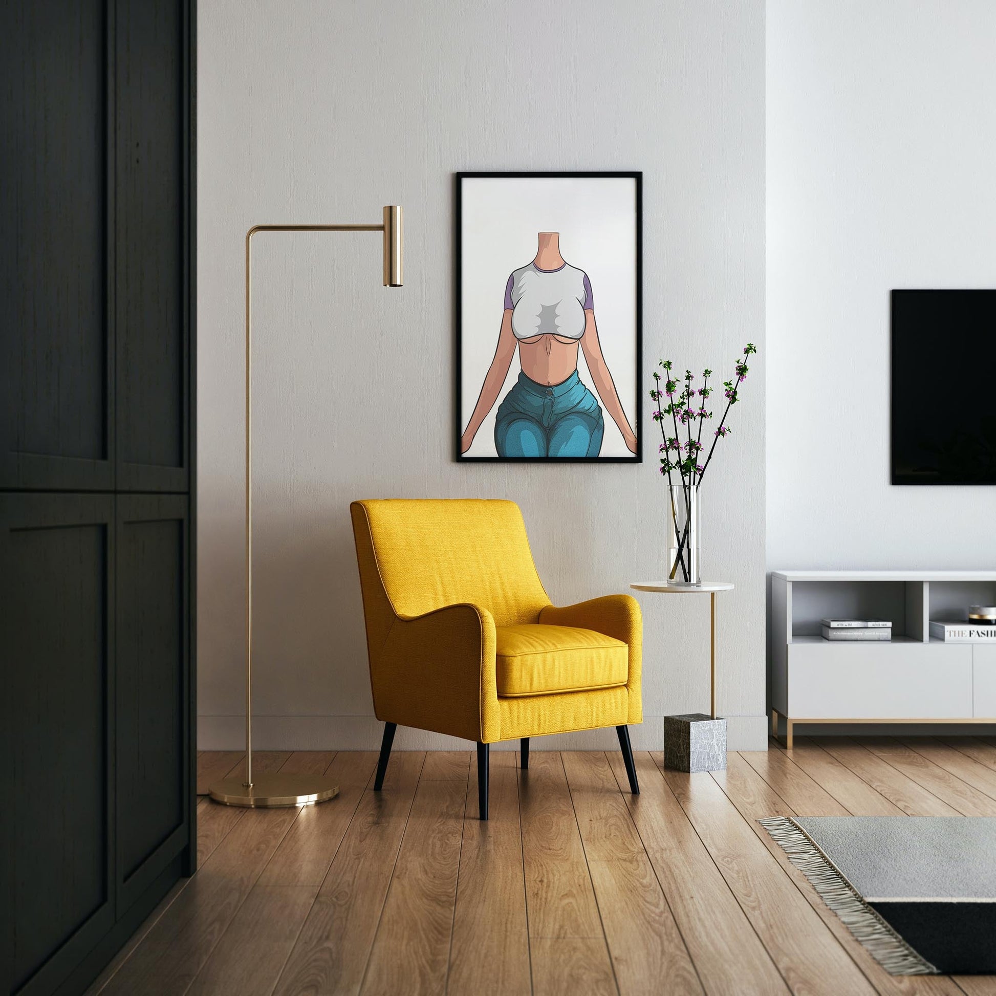 Artwork featuring Jeans Denim Model 68 in high-waisted jeans and crop top, emphasizing curves with textured denim.
