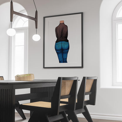 Digital art of woman in polka dot top and high-waisted jeans, framed on wall.