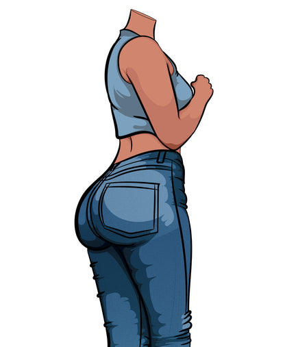 Modern pop art illustration in denim fashion, featuring sleek high-waisted jeans with stylish textures and a contemporary flair.